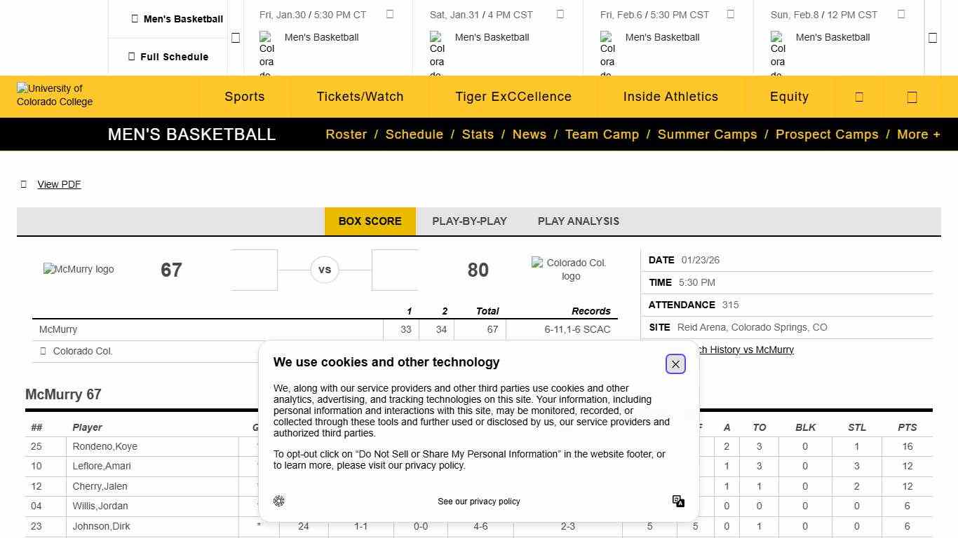 Men's Basketball vs McMurry University on 1/23/2026 - Box Score - Colorado College Athletics