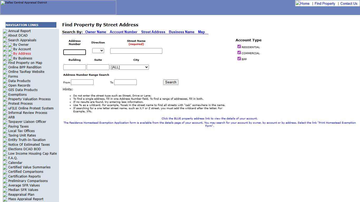 DCAD: Find Property By Street Address